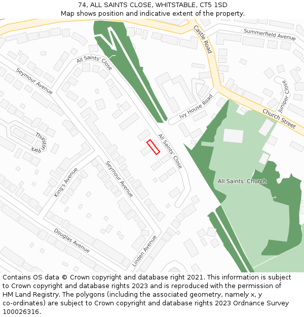 74, ALL SAINTS CLOSE, WHITSTABLE, CT5 1SD: Location map and indicative extent of plot
