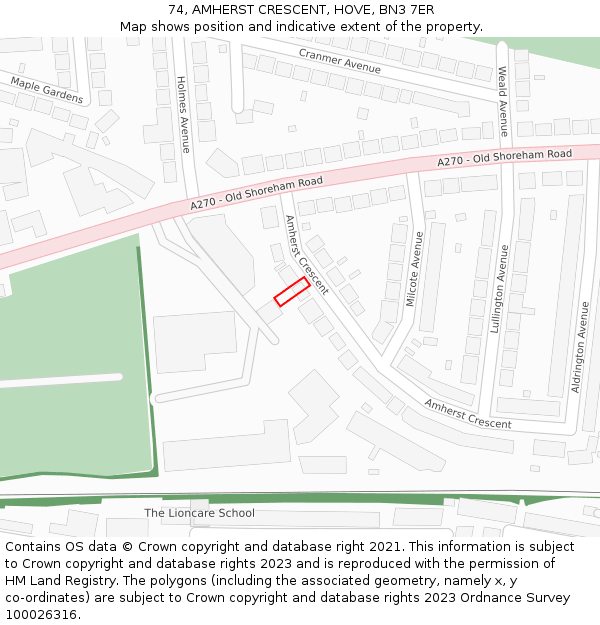 74, AMHERST CRESCENT, HOVE, BN3 7ER: Location map and indicative extent of plot