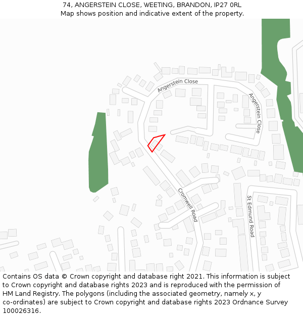 74, ANGERSTEIN CLOSE, WEETING, BRANDON, IP27 0RL: Location map and indicative extent of plot