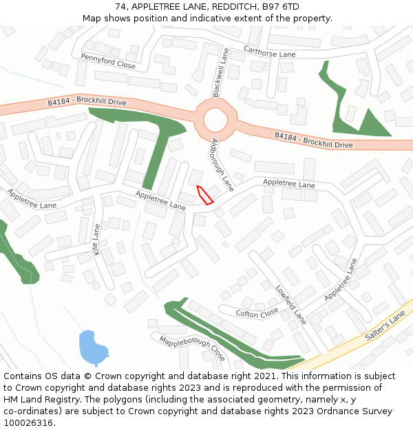 74, APPLETREE LANE, REDDITCH, B97 6TD: Location map and indicative extent of plot