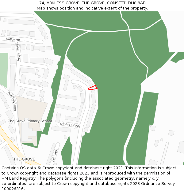 74, ARKLESS GROVE, THE GROVE, CONSETT, DH8 8AB: Location map and indicative extent of plot