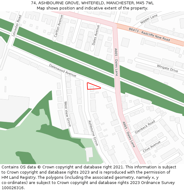74, ASHBOURNE GROVE, WHITEFIELD, MANCHESTER, M45 7WL: Location map and indicative extent of plot