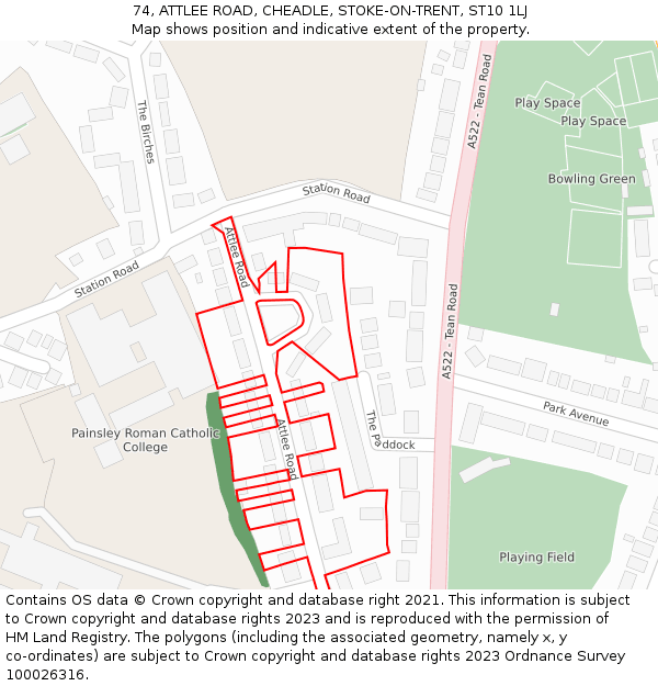 74, ATTLEE ROAD, CHEADLE, STOKE-ON-TRENT, ST10 1LJ: Location map and indicative extent of plot