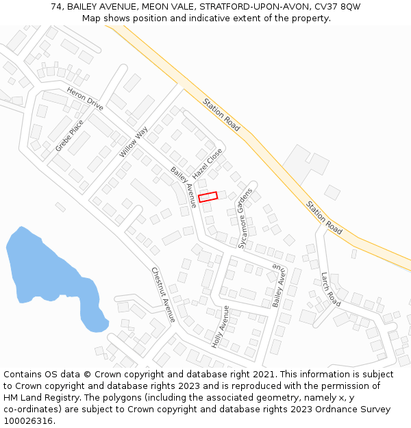 74, BAILEY AVENUE, MEON VALE, STRATFORD-UPON-AVON, CV37 8QW: Location map and indicative extent of plot