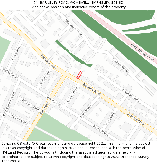 74, BARNSLEY ROAD, WOMBWELL, BARNSLEY, S73 8DJ: Location map and indicative extent of plot