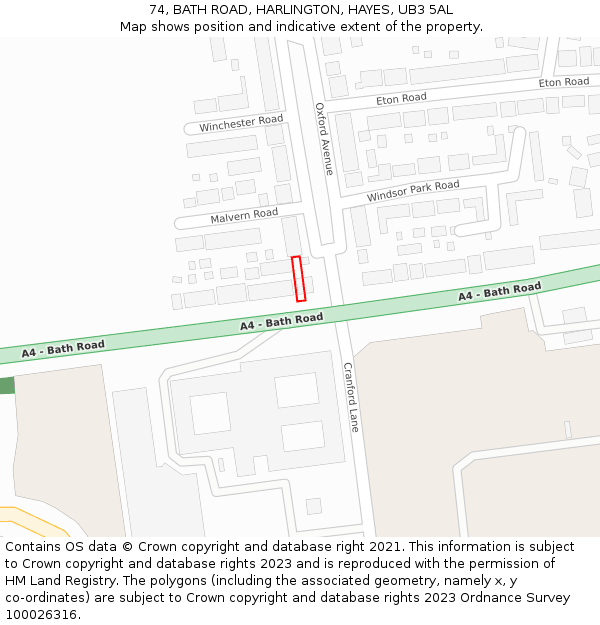 74, BATH ROAD, HARLINGTON, HAYES, UB3 5AL: Location map and indicative extent of plot