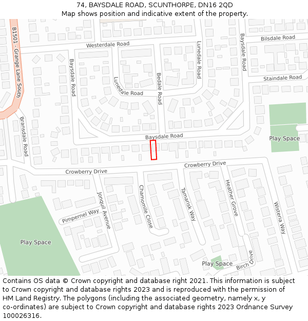 74, BAYSDALE ROAD, SCUNTHORPE, DN16 2QD: Location map and indicative extent of plot