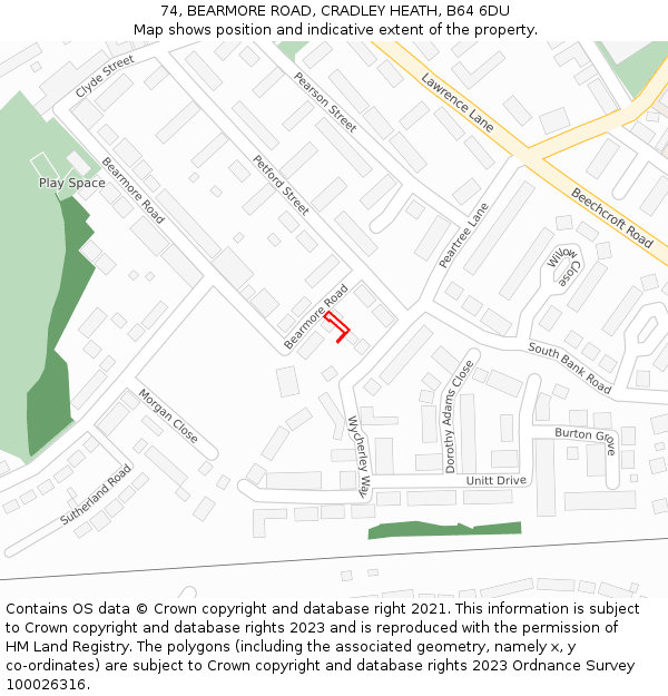 74, BEARMORE ROAD, CRADLEY HEATH, B64 6DU: Location map and indicative extent of plot
