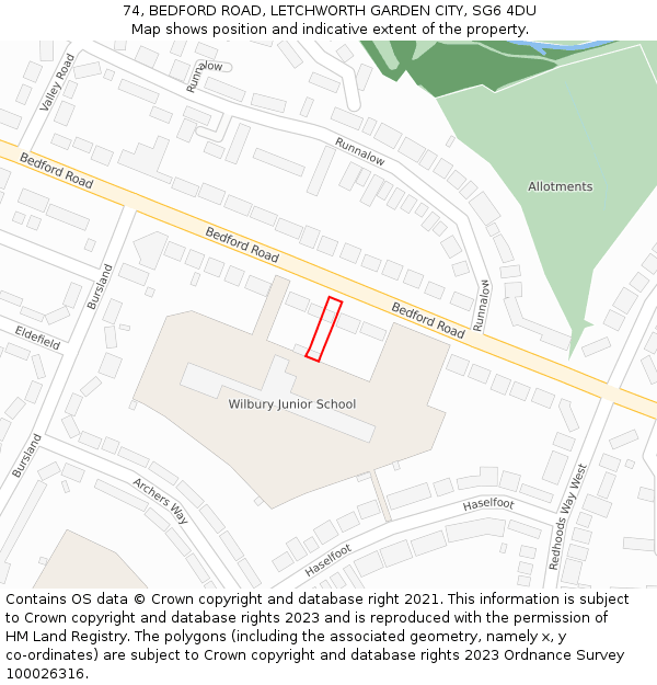 74, BEDFORD ROAD, LETCHWORTH GARDEN CITY, SG6 4DU: Location map and indicative extent of plot