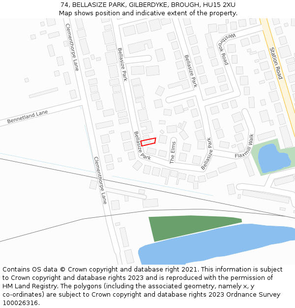 74, BELLASIZE PARK, GILBERDYKE, BROUGH, HU15 2XU: Location map and indicative extent of plot