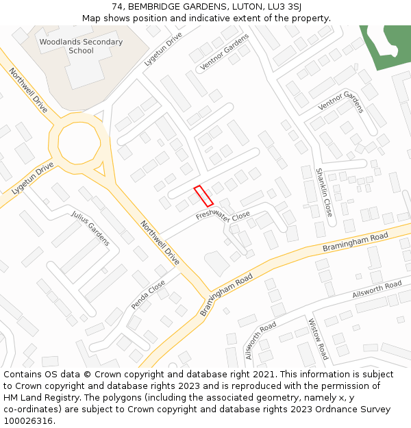 74, BEMBRIDGE GARDENS, LUTON, LU3 3SJ: Location map and indicative extent of plot