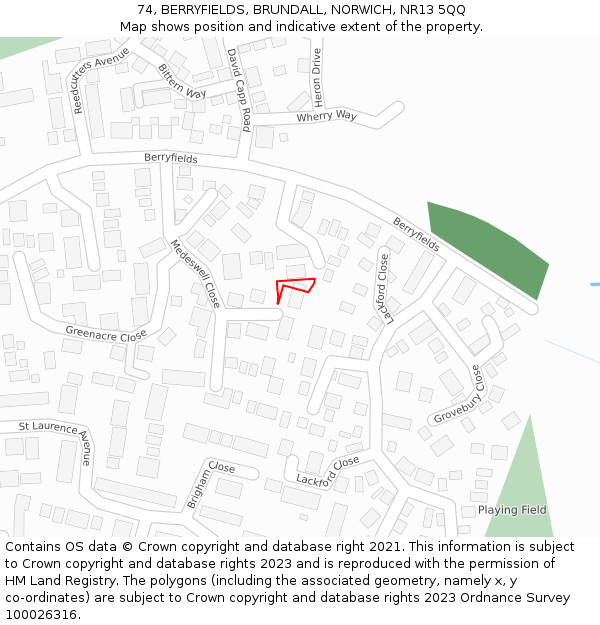 74, BERRYFIELDS, BRUNDALL, NORWICH, NR13 5QQ: Location map and indicative extent of plot