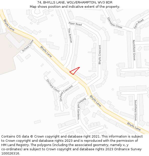 74, BHYLLS LANE, WOLVERHAMPTON, WV3 8DR: Location map and indicative extent of plot