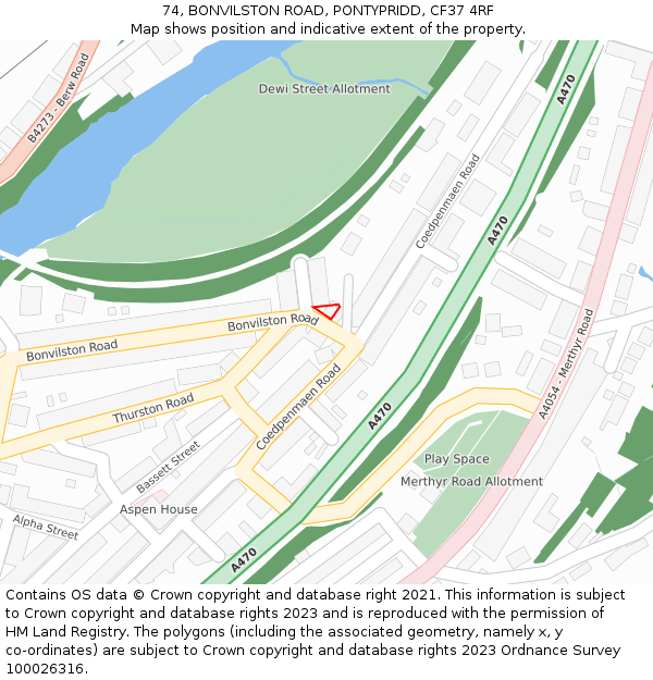 74, BONVILSTON ROAD, PONTYPRIDD, CF37 4RF: Location map and indicative extent of plot
