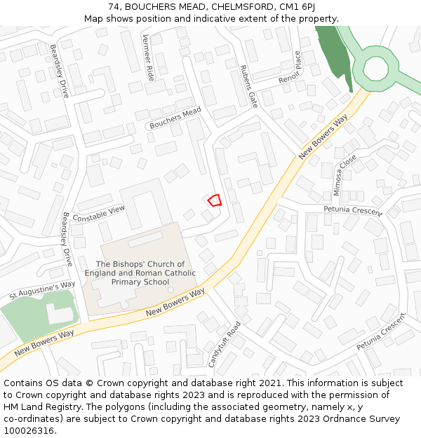 74, BOUCHERS MEAD, CHELMSFORD, CM1 6PJ: Location map and indicative extent of plot