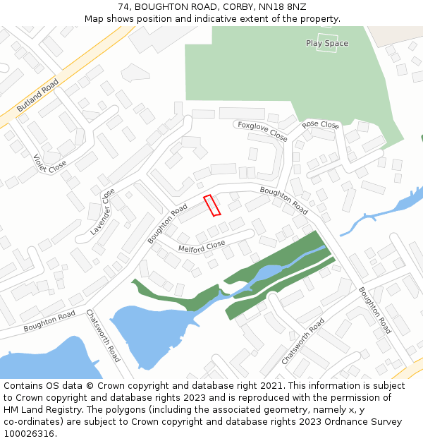 74, BOUGHTON ROAD, CORBY, NN18 8NZ: Location map and indicative extent of plot