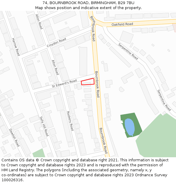 74, BOURNBROOK ROAD, BIRMINGHAM, B29 7BU: Location map and indicative extent of plot