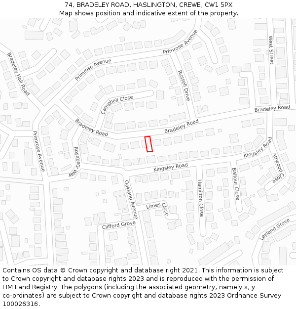 74, BRADELEY ROAD, HASLINGTON, CREWE, CW1 5PX: Location map and indicative extent of plot