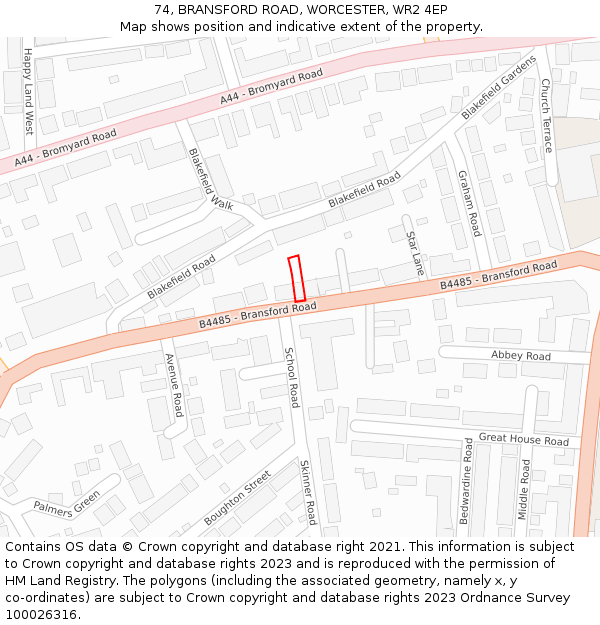 74, BRANSFORD ROAD, WORCESTER, WR2 4EP: Location map and indicative extent of plot