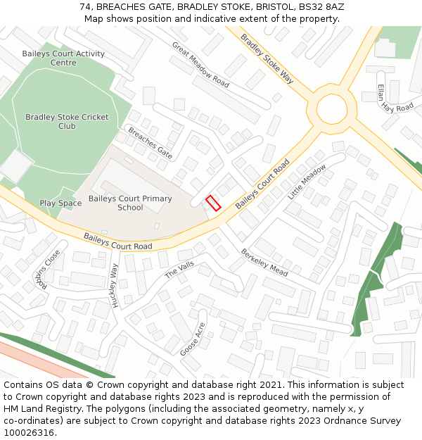 74, BREACHES GATE, BRADLEY STOKE, BRISTOL, BS32 8AZ: Location map and indicative extent of plot