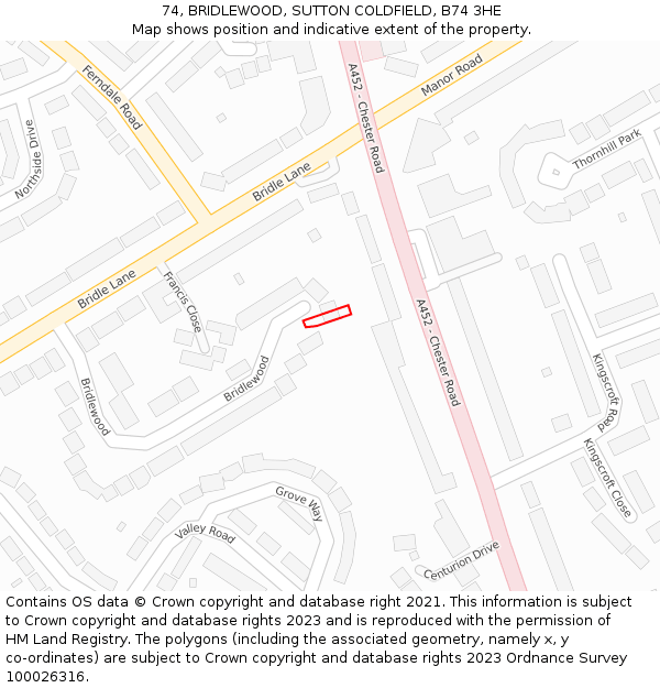 74, BRIDLEWOOD, SUTTON COLDFIELD, B74 3HE: Location map and indicative extent of plot