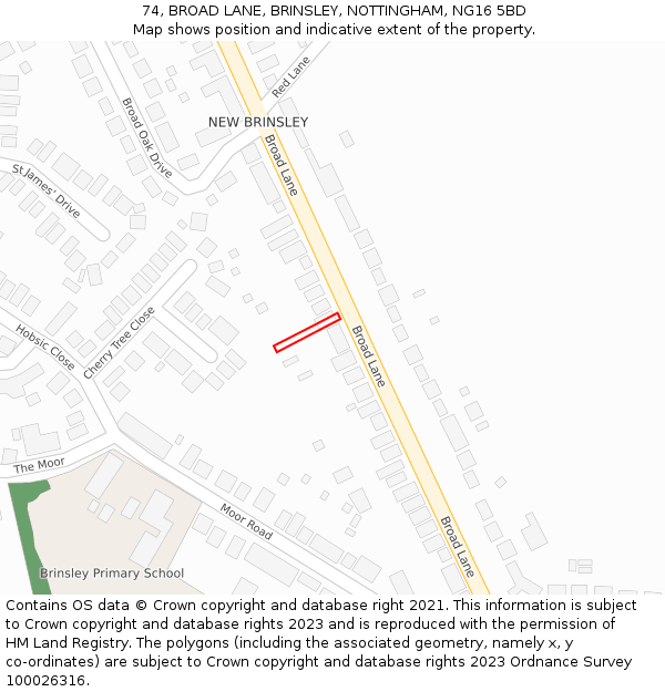 74, BROAD LANE, BRINSLEY, NOTTINGHAM, NG16 5BD: Location map and indicative extent of plot