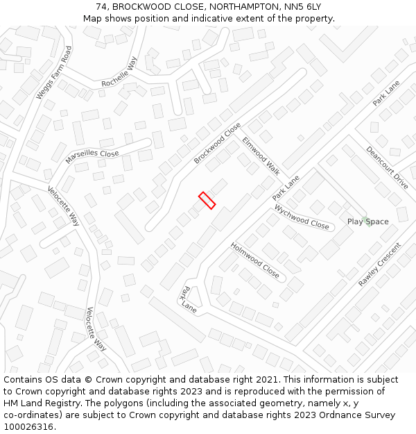 74, BROCKWOOD CLOSE, NORTHAMPTON, NN5 6LY: Location map and indicative extent of plot