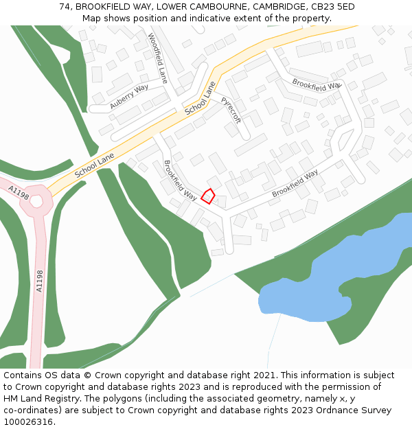 74, BROOKFIELD WAY, LOWER CAMBOURNE, CAMBRIDGE, CB23 5ED: Location map and indicative extent of plot