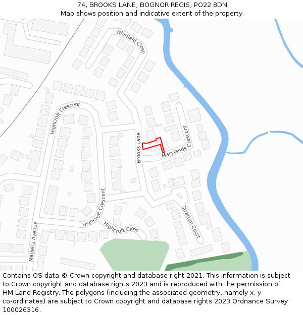 74, BROOKS LANE, BOGNOR REGIS, PO22 8DN: Location map and indicative extent of plot