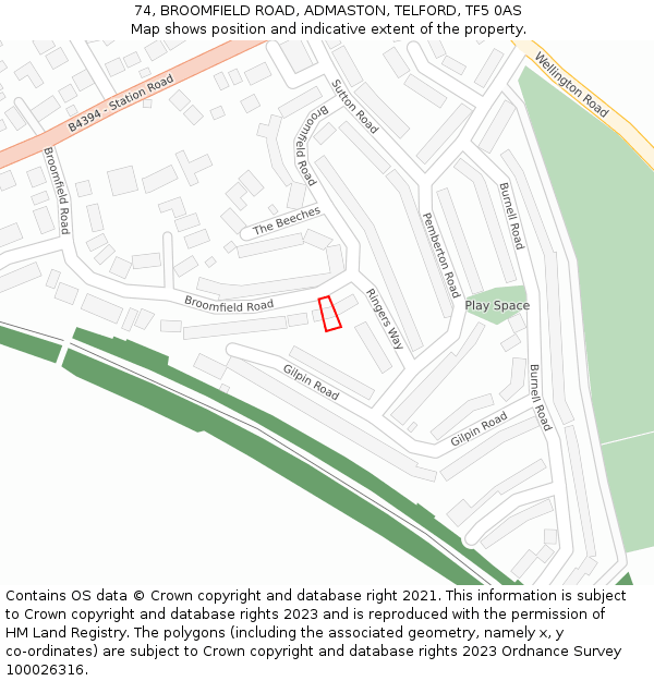 74, BROOMFIELD ROAD, ADMASTON, TELFORD, TF5 0AS: Location map and indicative extent of plot