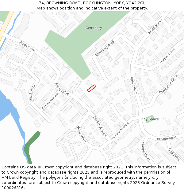 74, BROWNING ROAD, POCKLINGTON, YORK, YO42 2GL: Location map and indicative extent of plot
