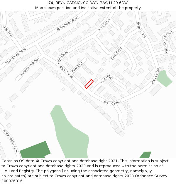 74, BRYN CADNO, COLWYN BAY, LL29 6DW: Location map and indicative extent of plot