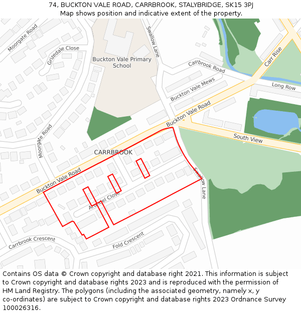 74, BUCKTON VALE ROAD, CARRBROOK, STALYBRIDGE, SK15 3PJ: Location map and indicative extent of plot