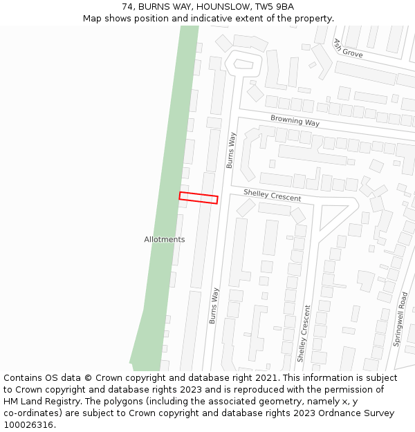 74, BURNS WAY, HOUNSLOW, TW5 9BA: Location map and indicative extent of plot