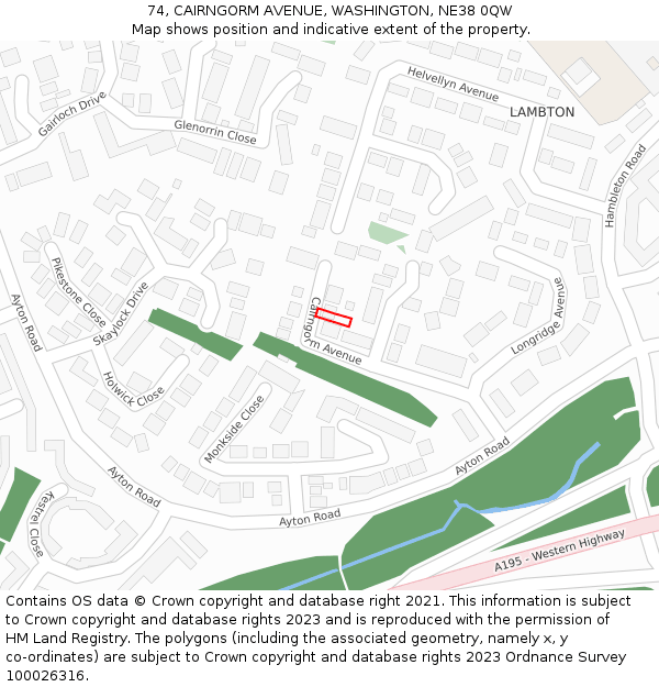 74, CAIRNGORM AVENUE, WASHINGTON, NE38 0QW: Location map and indicative extent of plot