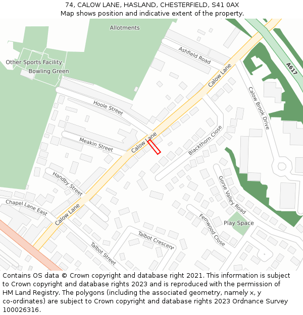 74, CALOW LANE, HASLAND, CHESTERFIELD, S41 0AX: Location map and indicative extent of plot