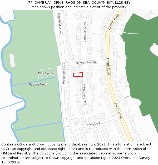 74, CAMBRIAN DRIVE, RHOS ON SEA, COLWYN BAY, LL28 4SY: Location map and indicative extent of plot