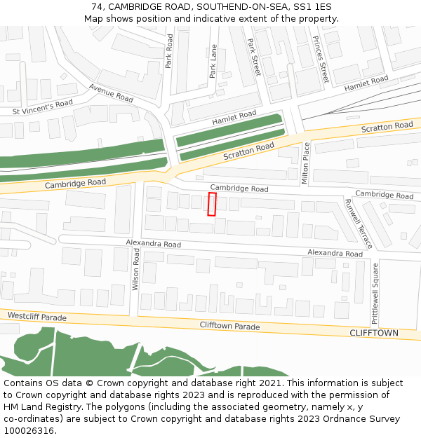 74, CAMBRIDGE ROAD, SOUTHEND-ON-SEA, SS1 1ES: Location map and indicative extent of plot