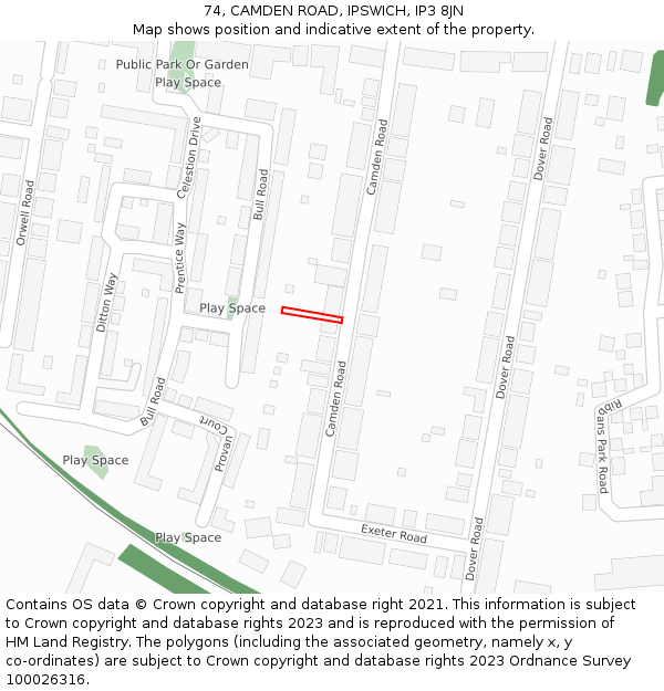 74, CAMDEN ROAD, IPSWICH, IP3 8JN: Location map and indicative extent of plot
