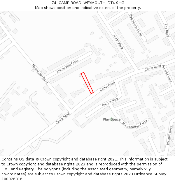 74, CAMP ROAD, WEYMOUTH, DT4 9HG: Location map and indicative extent of plot