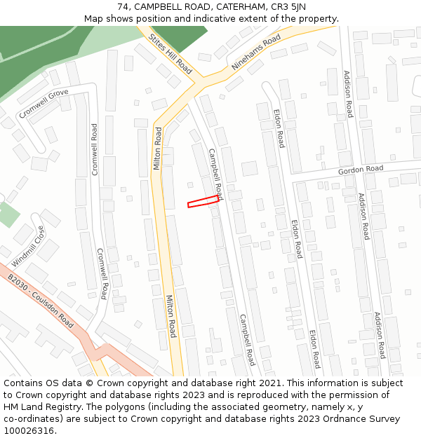 74, CAMPBELL ROAD, CATERHAM, CR3 5JN: Location map and indicative extent of plot