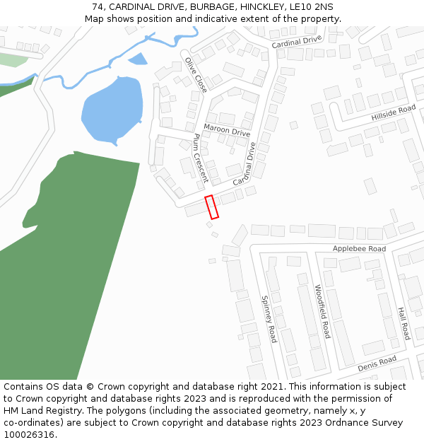 74, CARDINAL DRIVE, BURBAGE, HINCKLEY, LE10 2NS: Location map and indicative extent of plot