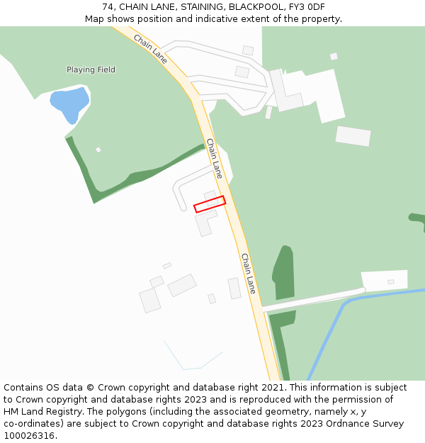 74, CHAIN LANE, STAINING, BLACKPOOL, FY3 0DF: Location map and indicative extent of plot