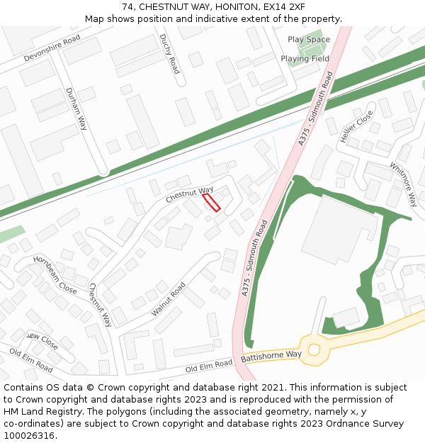 74, CHESTNUT WAY, HONITON, EX14 2XF: Location map and indicative extent of plot