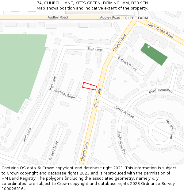 74, CHURCH LANE, KITTS GREEN, BIRMINGHAM, B33 9EN: Location map and indicative extent of plot