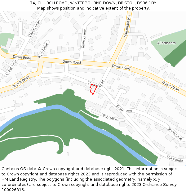 74, CHURCH ROAD, WINTERBOURNE DOWN, BRISTOL, BS36 1BY: Location map and indicative extent of plot