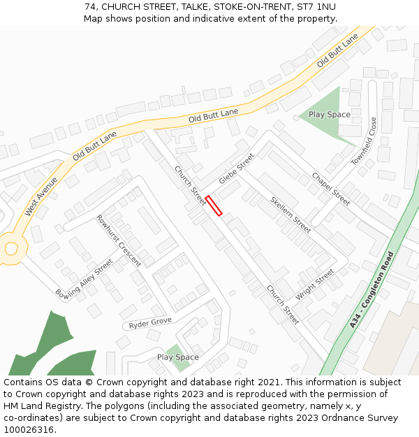 74, CHURCH STREET, TALKE, STOKE-ON-TRENT, ST7 1NU: Location map and indicative extent of plot