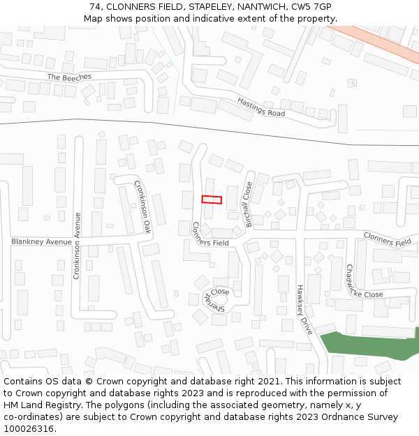 74, CLONNERS FIELD, STAPELEY, NANTWICH, CW5 7GP: Location map and indicative extent of plot