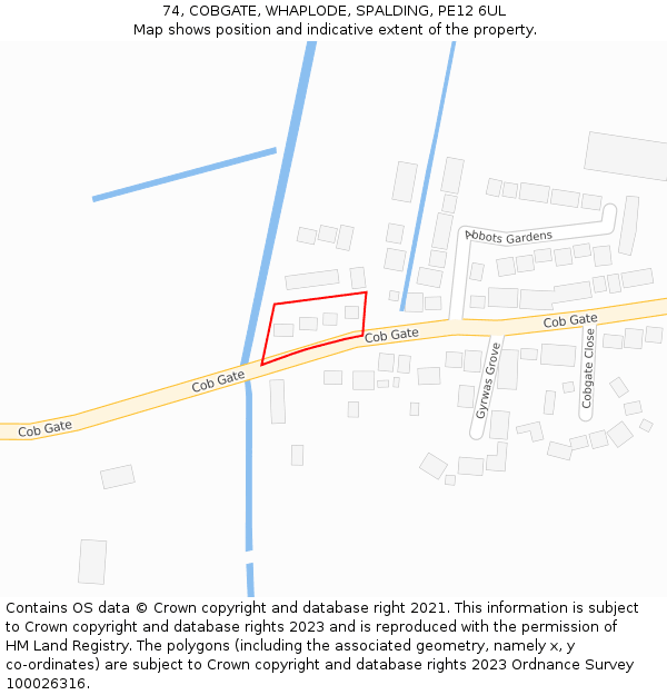 74, COBGATE, WHAPLODE, SPALDING, PE12 6UL: Location map and indicative extent of plot