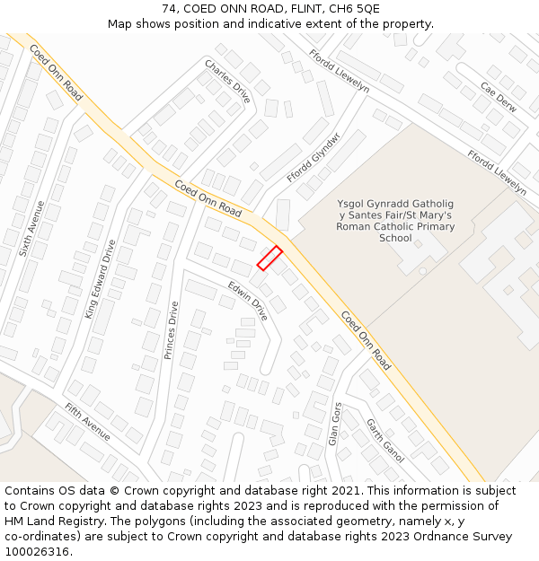 74, COED ONN ROAD, FLINT, CH6 5QE: Location map and indicative extent of plot
